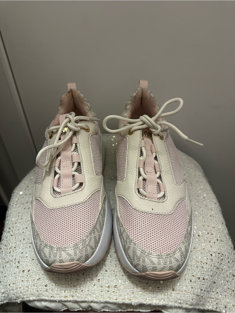 Michael Kors Pink White Monogram Chunky Sneakers 8.5